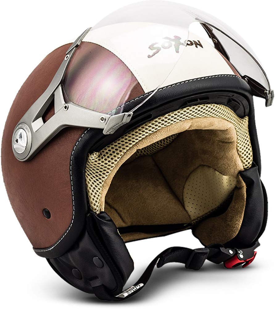 Soxon® SP-325 „Vintage“ · Jet-Helm · Motorrad-Helm Roller-Helm Scooter-Helm Moped Mofa-Helm Chopper Retro Vespa Vintage Pilot Biker Helmet Damen · ECE 22.05 Visier Schnellverschluss Tasche M (57-58cm) von SOXON