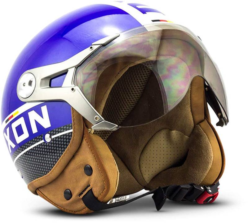 Soxon® SP-325 Plus „Blue“ · Jet-Helm · Motorrad-Helm Roller-Helm Scooter-Helm Moped Mofa-Helm Chopper Retro Vespa Vintage Pilot Biker Helmet · ECE 22.05 Visier Schnellverschluss Tasche L (59-60cm) von SOXON