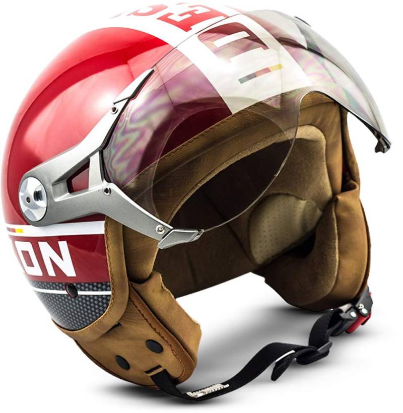 Soxon® SP-325 Plus „Red“ · Jet-Helm · Motorrad-Helm Roller-Helm Scooter-Helm Moped Mofa-Helm Chopper Retro Vespa Vintage Pilot Biker Helmet · ECE 22.05 Visier Schnellverschluss Tasche S (55-56cm) von SOXON