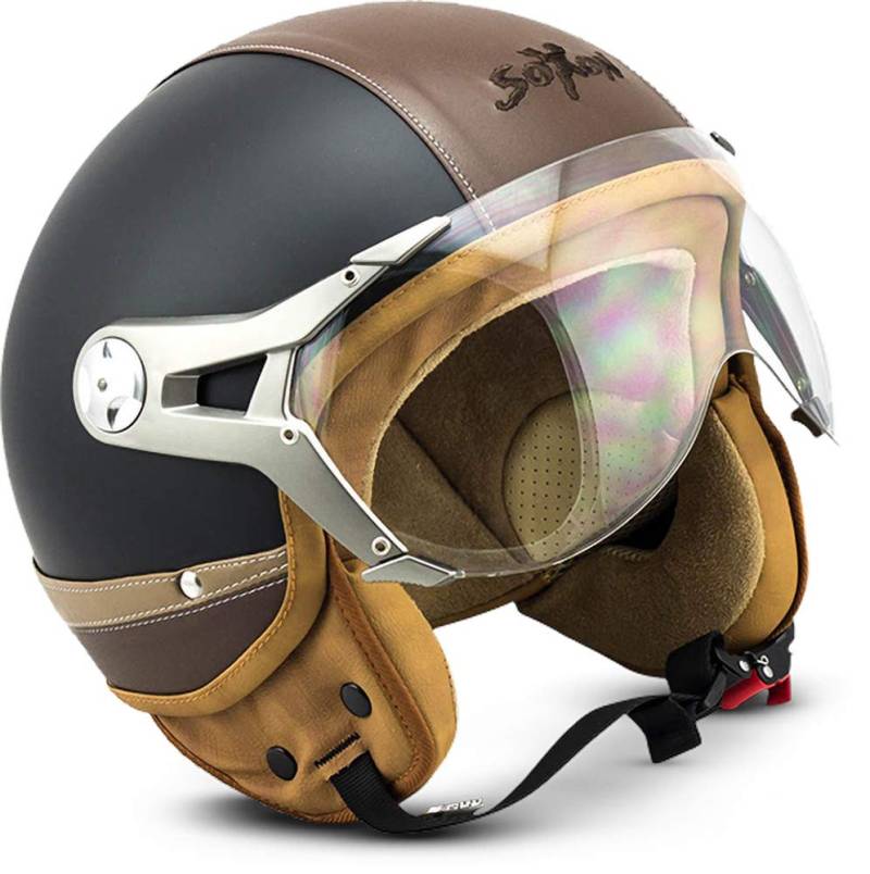 SOXON® SP-325 Urban „Black“ · Jet-Helm · Motorrad-Helm Roller-Helm Scooter-Helm Moped Mofa-Helm Chopper Retro Vespa Vintage · ECE 22.05 Visier Leather-Design Schnellverschluss Tasche XL (61-62cm) von SOXON