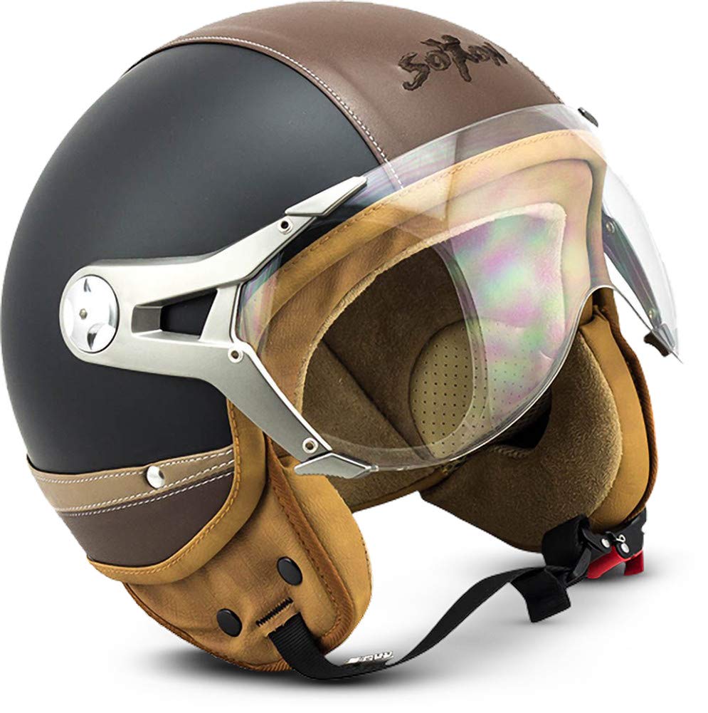 Soxon® SP-325 Urban „Black“ · Jet-Helm · Motorrad-Helm Roller-Helm Scooter-Helm Moped Mofa-Helm Chopper Retro Vespa Vintage Pilot · ECE 22.05 Visier Leather-Design Schnellverschluss Tasche M (57-58cm) von SOXON