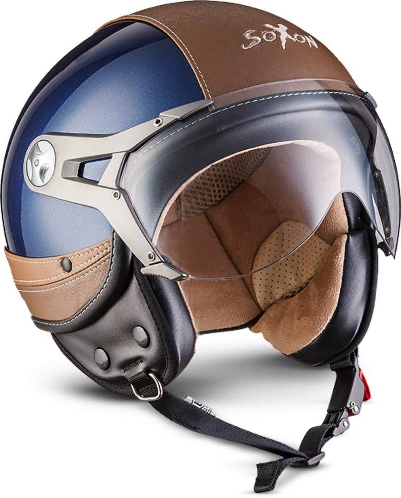 Soxon® SP-325 Urban „Blue“ · Jet-Helm · Motorrad-Helm Roller-Helm Scooter-Helm Moped Mofa-Helm Chopper Retro Vespa Vintage Pilot · ECE 22.05 Visier Leather-Design Schnellverschluss Tasche XS (53-54cm) von SOXON