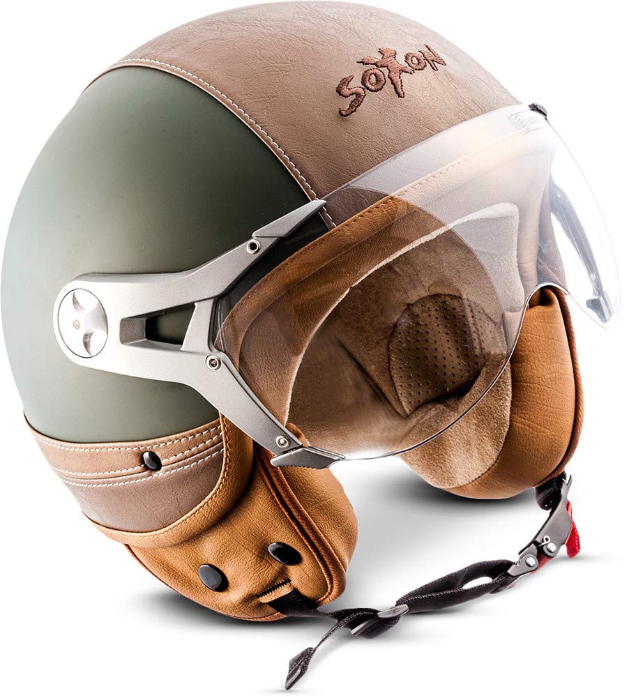 Soxon® SP-325 Urban „Green“ · Jet-Helm · Motorrad-Helm Roller-Helm Scooter-Helm Moped Mofa-Helm Chopper Retro Vespa Vintage Pilot · ECE 22.05 Visier Leather-Design Schnellverschluss Tasche M (57-58cm) von SOXON
