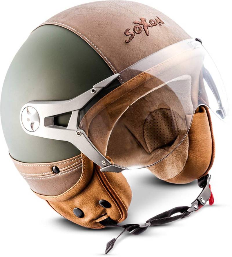 Soxon® SP-325 Urban „Green“ · Jet-Helm · Motorrad-Helm Roller-Helm Scooter-Helm Moped Mofa-Helm Chopper Retro Vespa Vintage Pilot · ECE 22.05 Visier Leather-Design Schnellverschluss Tasche M (57-58cm) von SOXON