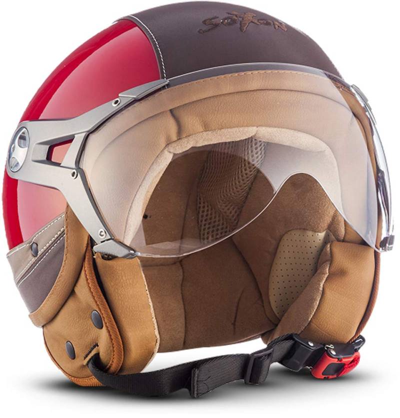 SOXON® SP-325 Urban „Red“ · Jet-Helm · Motorrad-Helm Roller-Helm Scooter-Helm Moped Mofa-Helm Chopper Retro Vespa Vintage Pilot · ECE 22.05 Visier Leather-Design Schnellverschluss Tasche XL (61-62cm) von SOXON