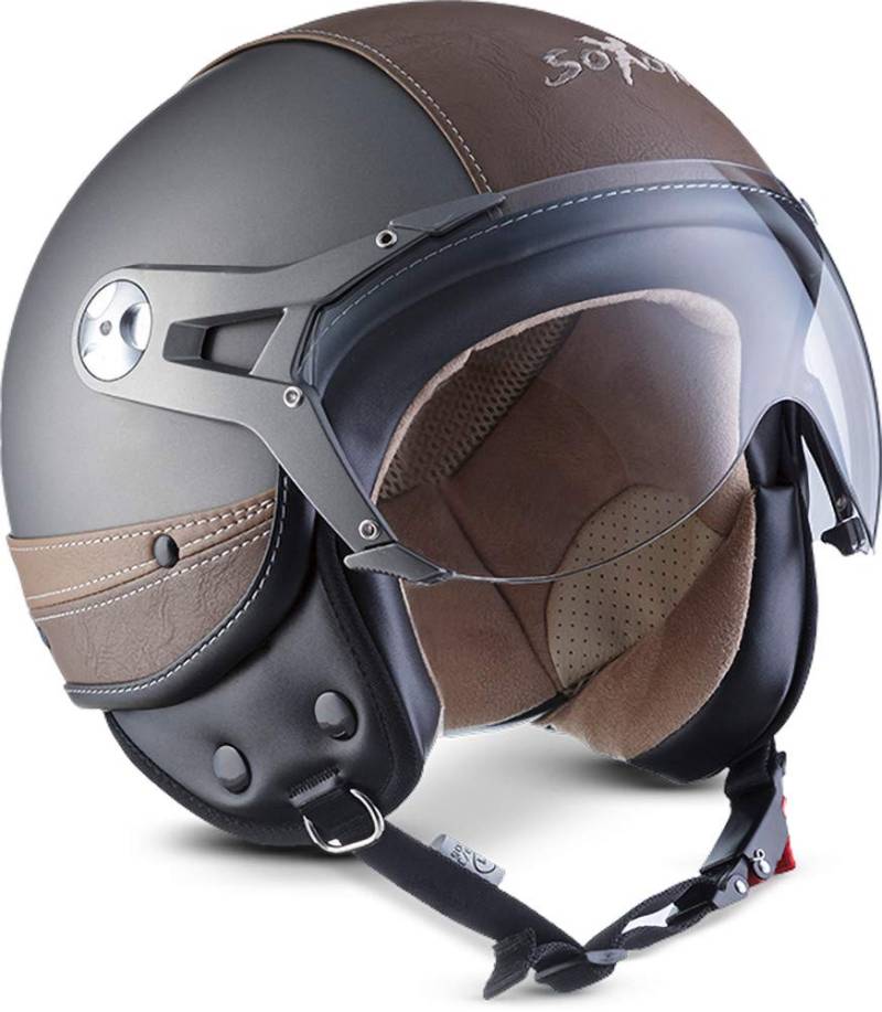 Soxon® SP-325 Urban „Titan“ · Jet-Helm · Motorrad-Helm Roller-Helm Scooter-Helm Moped Mofa-Helm Chopper Retro Vespa Vintage Pilot · ECE 22.05 Visier Leather-Design Schnellverschluss Tasche S (55-56cm) von SOXON
