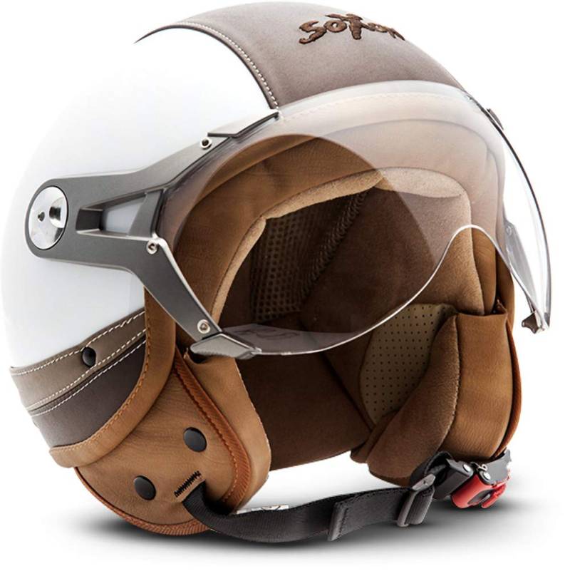 Soxon® SP-325 Urban „White“ · Jet-Helm · Motorrad-Helm Roller-Helm Scooter-Helm Moped Mofa-Helm Chopper Retro Vespa Vintage Pilot · ECE 22.05 Visier Leather-Design Schnellverschluss Tasche S (55-56cm) von SOXON