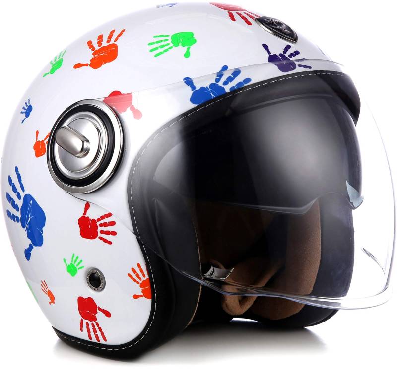 Soxon® SP-888 „Color Hands“ · Jet-Helm · Motorrad-Helm Roller-Helm Scooter-Helm Moped Mofa-Helm Chopper Retro Vespa Vintage · ECE 22.05 Sonnenvisier Schnellverschluss SlimShell Tasche XL (61-62cm) von Soxon