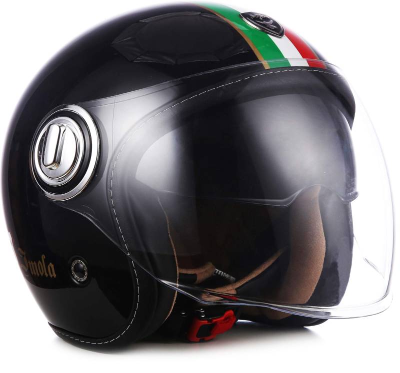 SOXON® SP-888 „Imola Black“ · Jet-Helm · Motorrad-Helm Roller-Helm Scooter-Helm Moped Mofa-Helm Chopper Retro Vespa Vintage · ECE 22.05 Sonnenvisier Schnellverschluss SlimShell Tasche S (55-56cm) von SOXON