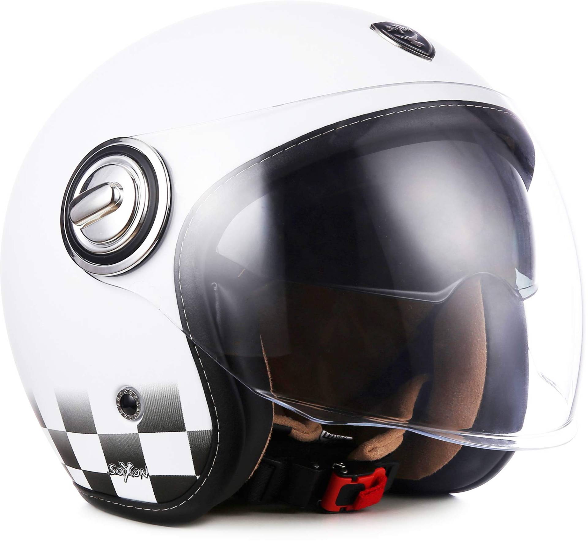 Soxon® SP-888 „Snow“ · Jet-Helm · Motorrad-Helm Roller-Helm Scooter-Helm Moped Mofa-Helm Chopper Retro Vespa Vintage Pilot Biker · ECE 22.05 Sonnenvisier Schnellverschluss SlimShell Tasche L (59-60cm) von SOXON