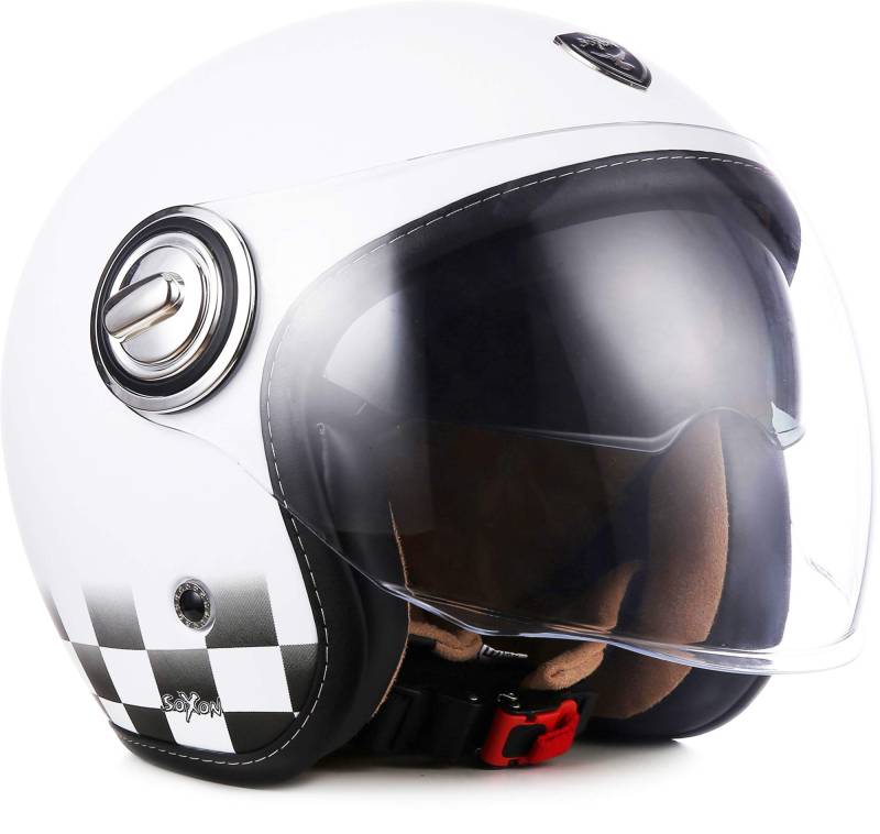 Soxon® SP-888 „Snow“ · Jet-Helm · Motorrad-Helm Roller-Helm Scooter-Helm Moped Mofa-Helm Chopper Retro Vespa Vintage Pilot Biker · ECE 22.05 Sonnenvisier Schnellverschluss SlimShell Tasche M (57-58cm) von SOXON