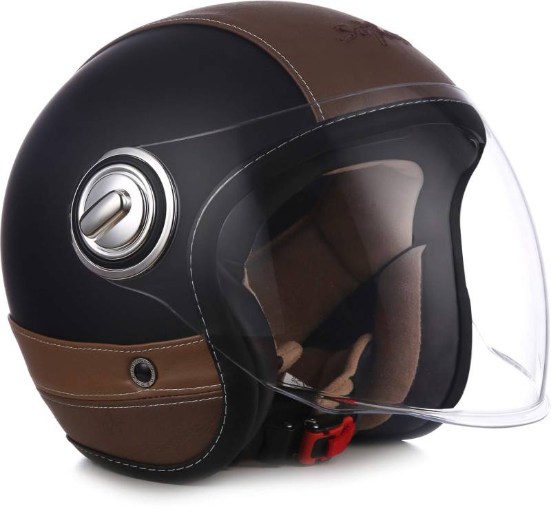 Soxon® SP-888 Pro „Urban Black“ · Jet-Helm · Motorrad-Helm Roller-Helm Scooter-Helm Moped Mofa-Helm Chopper Retro · ECE 22.05 Sonnenvisier Leather-Design Schnellverschluss SlimShell Tasche M (57-58cm) von SOXON