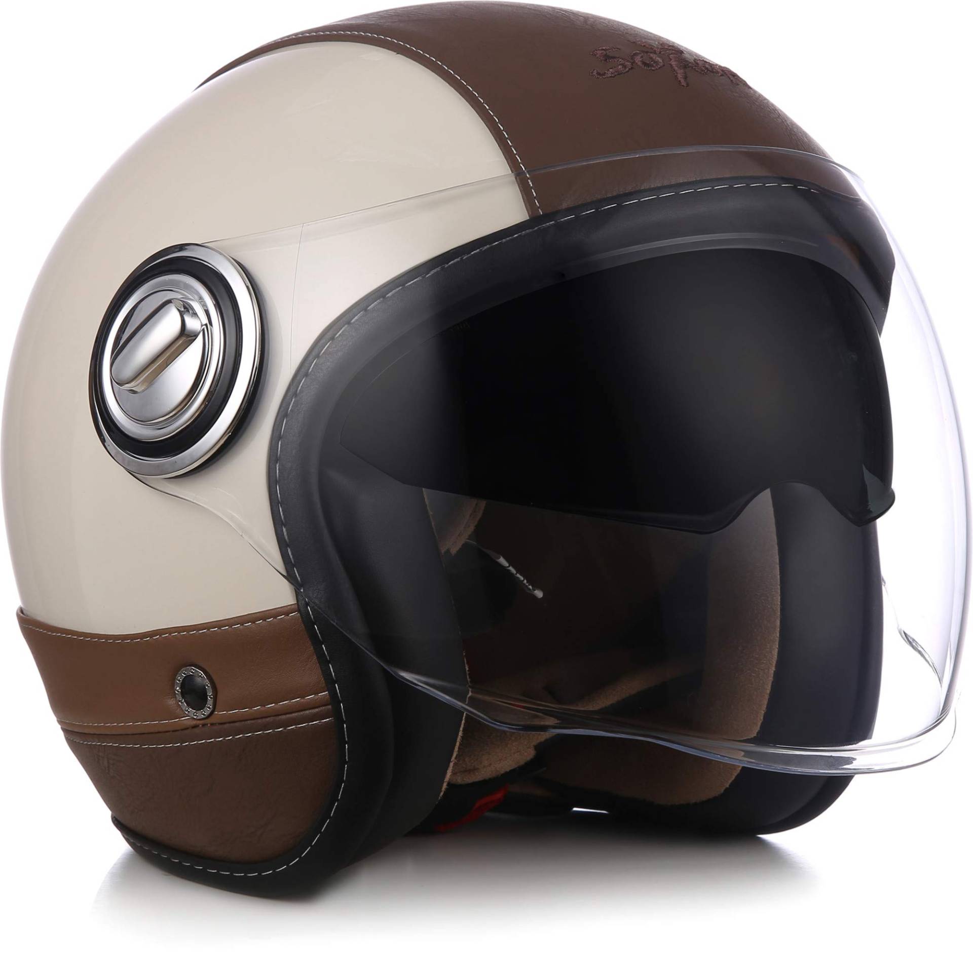 SOXON® SP-888 Pro „Urban Creme“ · Jet-Helm · Motorrad-Helm Roller-Helm Scooter-Helm Moped Mofa-Helm Chopper · ECE 22.05 Sonnenvisier Leather-Design Schnellverschluss SlimShell Tasche XS (53-54cm) von SOXON
