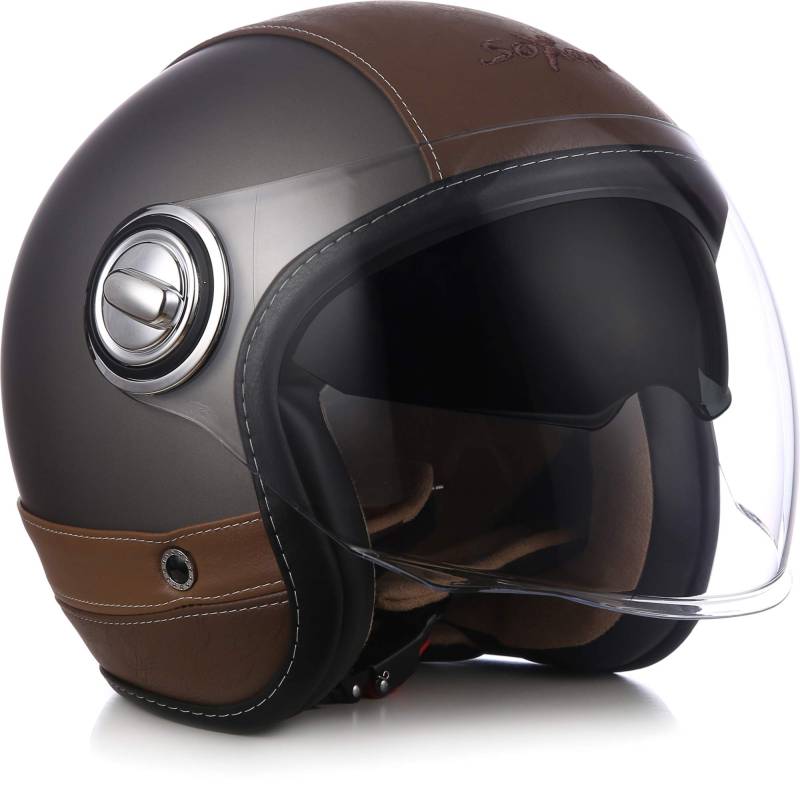 Soxon® SP-888 Pro „Urban Titan“ · Jet-Helm · Motorrad-Helm Roller-Helm Scooter-Helm Moped Mofa-Helm Chopper Retro · ECE 22.05 Sonnenvisier Leather-Design Schnellverschluss SlimShell Tasche S (55-56cm) von SOXON