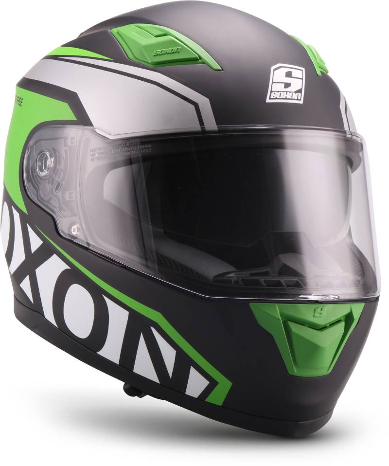 SOXON® ST-1000 Race „Green“ · Integral-Helm · Full-Face Motorrad-Helm Roller-Helm Scooter-Helm Cruiser Sturz-Helm Sport Urban · ECE 22.05 Sonnenvisier Schnellverschluss Tasche L (59-60cm) von SOXON