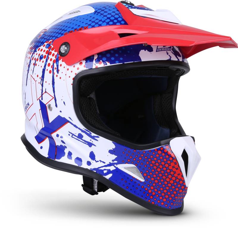 Soxon® SKC-33 „Fusion White Blue“ · Kinder Cross-Helm · Motorrad-Helm MX Cross-Helm MTB BMX Cross-Bike Downhill Off-Road Sport · ECE 22.05 Schnellverschluss SlimShell Tasche XS (51-52cm) von SOXON