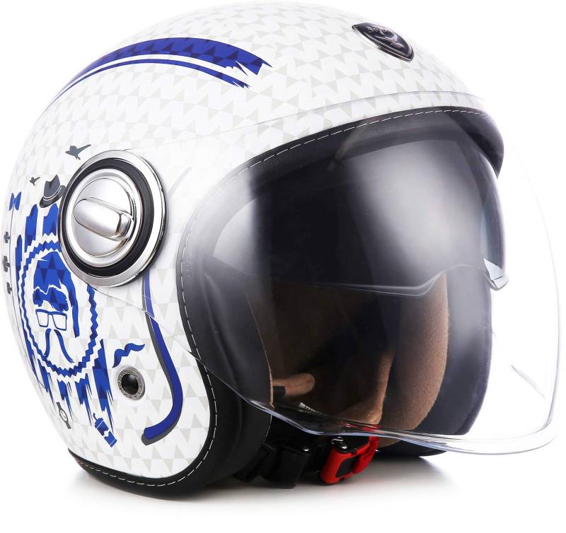 Soxon® SP-888 „Sir Blue“ · Jet-Helm · Motorrad-Helm Roller-Helm Scooter-Helm Moped Mofa-Helm Chopper Retro Vespa Vintage Pilot · ECE 22.05 Sonnenvisier Schnellverschluss SlimShell Tasche L (59-60cm) von Soxon