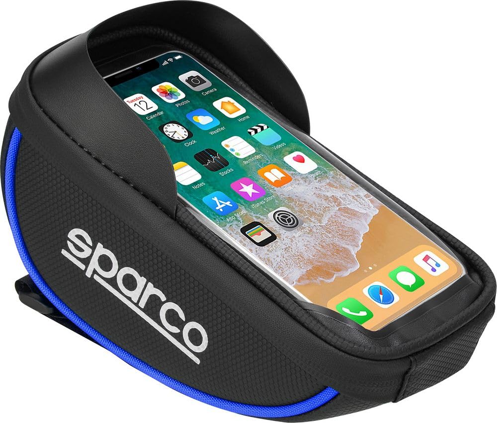 Sparco Blaue Handytasche für Fahrrad aus wasserdichtem Mikrofaser mit Touchscreen und doppeltem Reißverschluss von Sparco