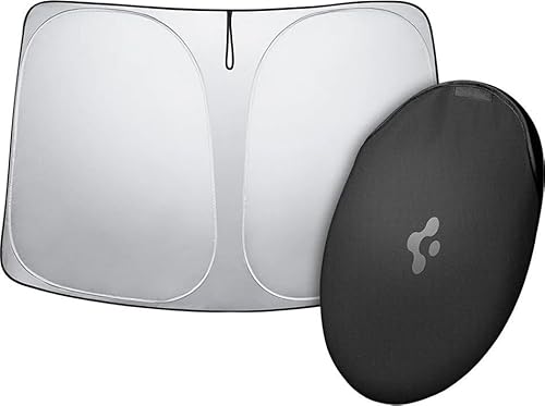 Spigen Tesla Model Y (~Juniper 2025) Model 3 (~Highland 2024 2025) Frontscheibe Sonnenschutz mit Aufbewahrungstasche, Faltbare Windschutzscheibe, Sonnenblende Abdeckung für Tesla Model Y und Model 3 von Spigen