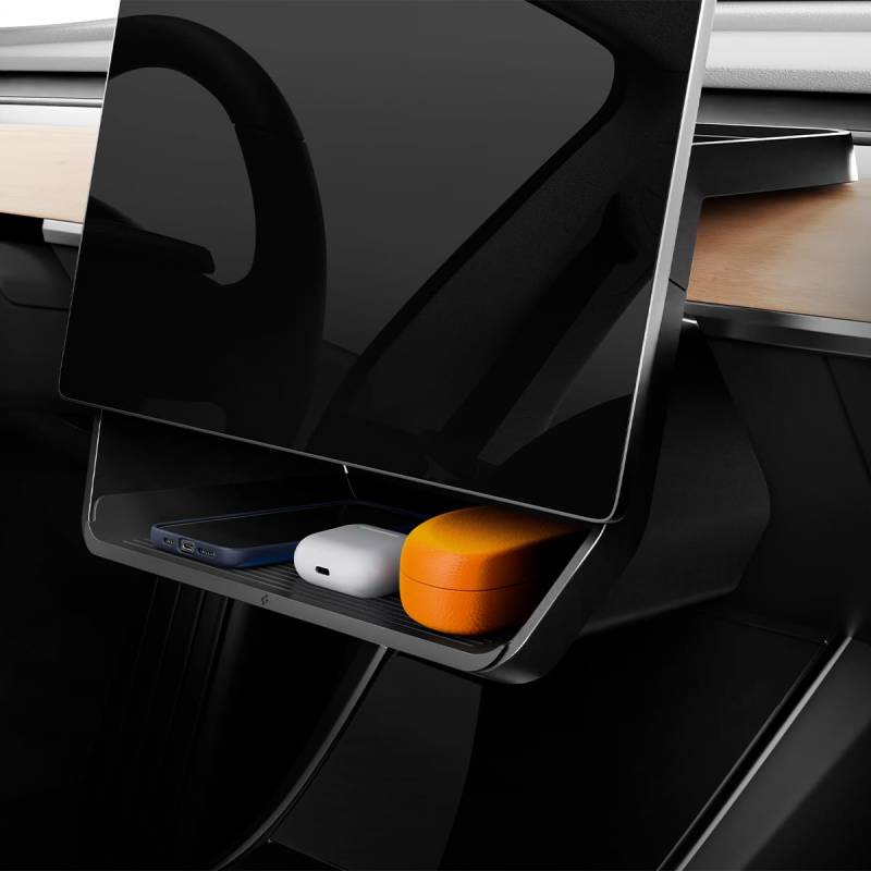 Spigen Tesla Model Y (~2024) und Model 3 (2021-2023) Aufbewahrungsbox unter dem Bildschirm Tablet Organizer Box Tablet Halterung Aufbewahrung entworfen für Tesla Model Y und 3 Zubehör von Spigen