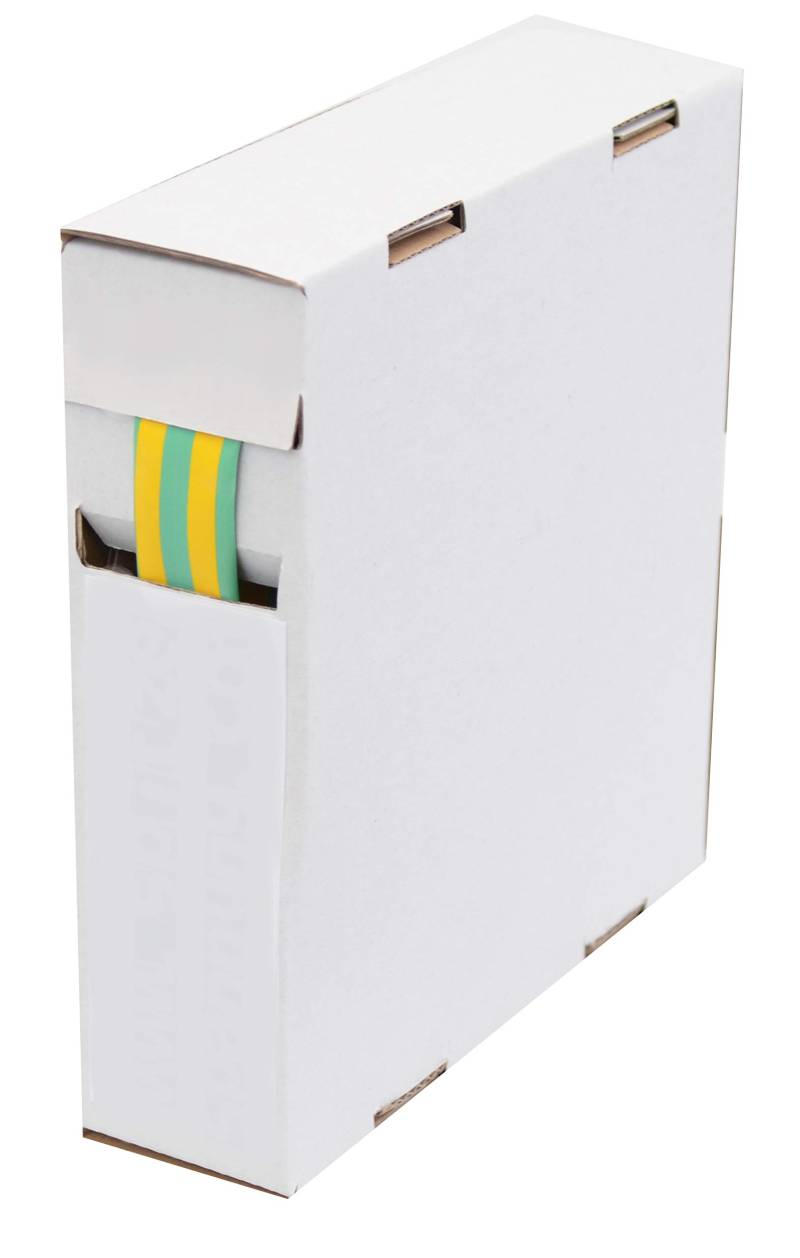 Intratec Schrumpfschlauch 3,2 mm (geschrumpft ca. 1,6 mm), Gelb/Grün – 15 m Meterware in Spenderbox, Schrumpfrate 2:1 – UL 224, -55 °C bis +125 °C, zur Kabelisolierung & Kennzeichnung von Spitzenspannung Elektrotechnik