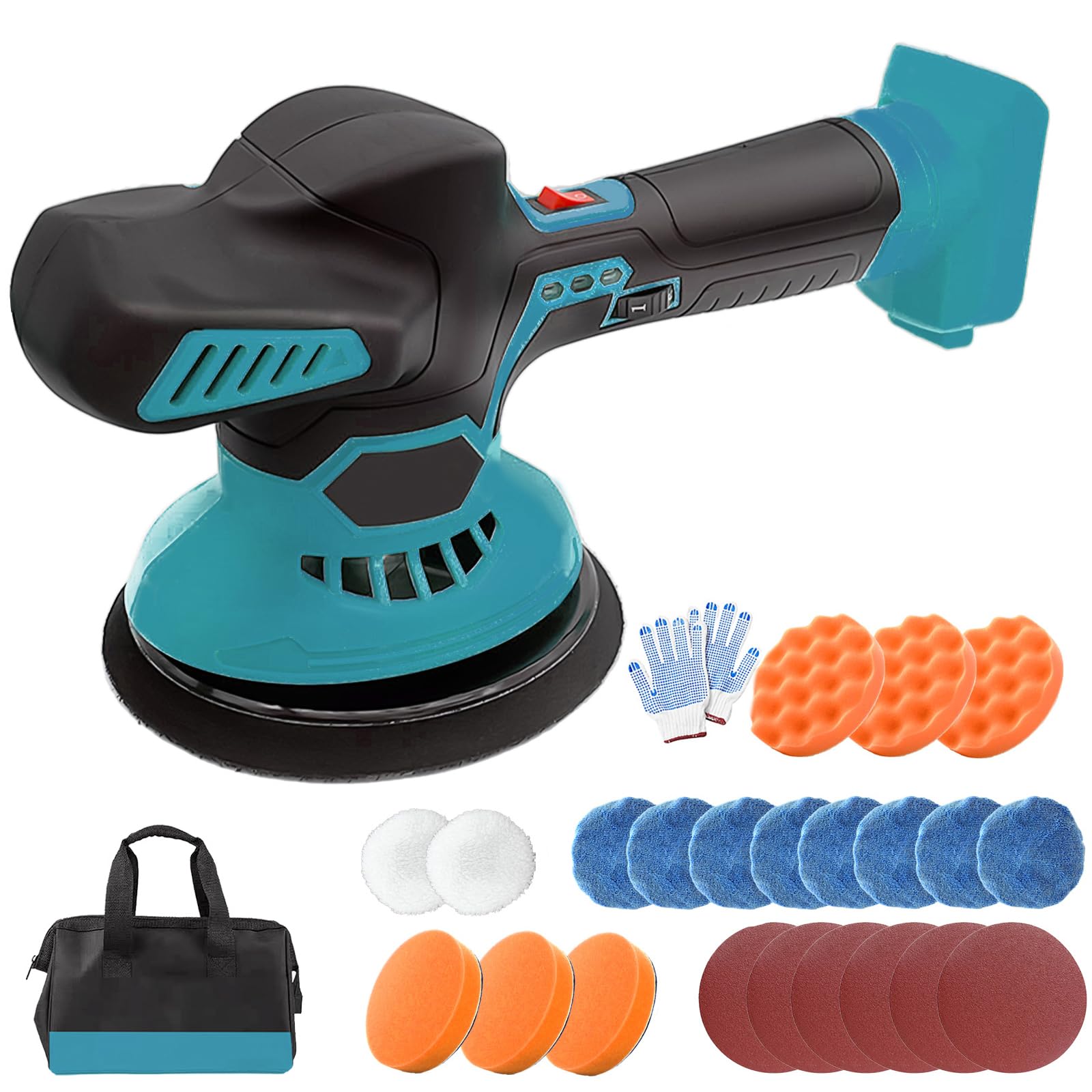 Akku Poliermaschine Auto,Ersatz für Makita 18V BL1830,18V Exzenter Poliermaschine mit 24 PCS Aufsätze,6 variable Geschwindigkeit,145mm Polierschwamm Pollierpad (Ohne Akku) von Squaeltirs