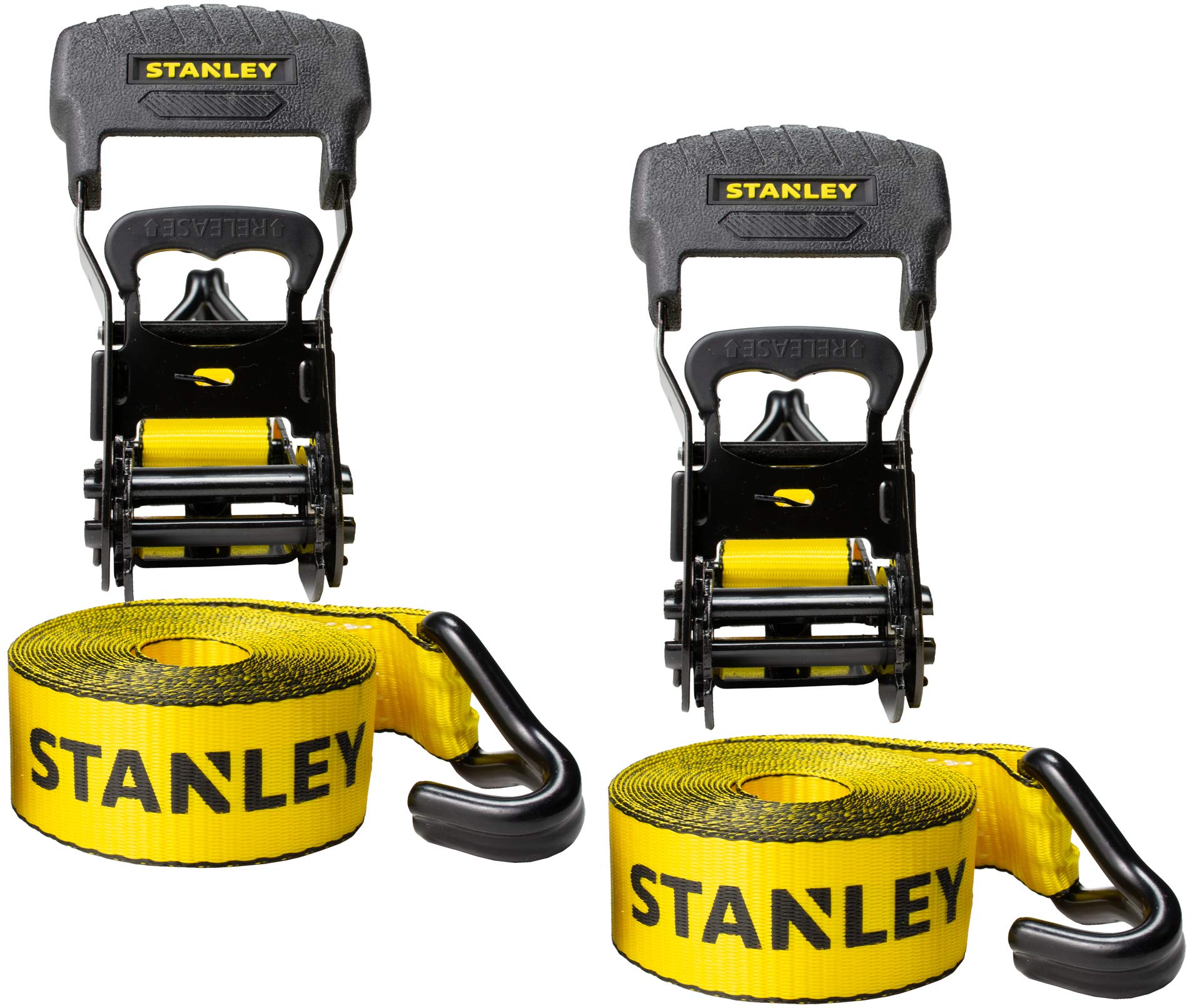 STANLEY S1007 Spanngurte mit Ratsche, 3,8 x 4,6 m, Schwarz/Gelb, schwere Ladungssicherung (1,5 kg Bruchfestigkeit), 2 Stück von Stanley