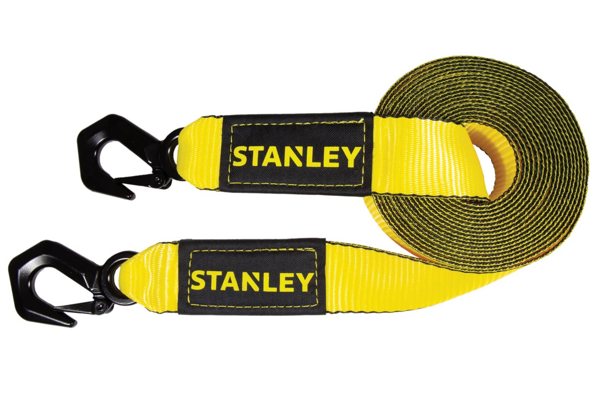 STANLEY S1053 Abschleppgurt mit schwarzen geschmiedeten Stahlhaken, 5,1 cm x 9,2 m, Schwarz/Gelb (3.000 sichere Arbeitsbelastung, 4,1 kg Bruchfestigkeit) von Stanley