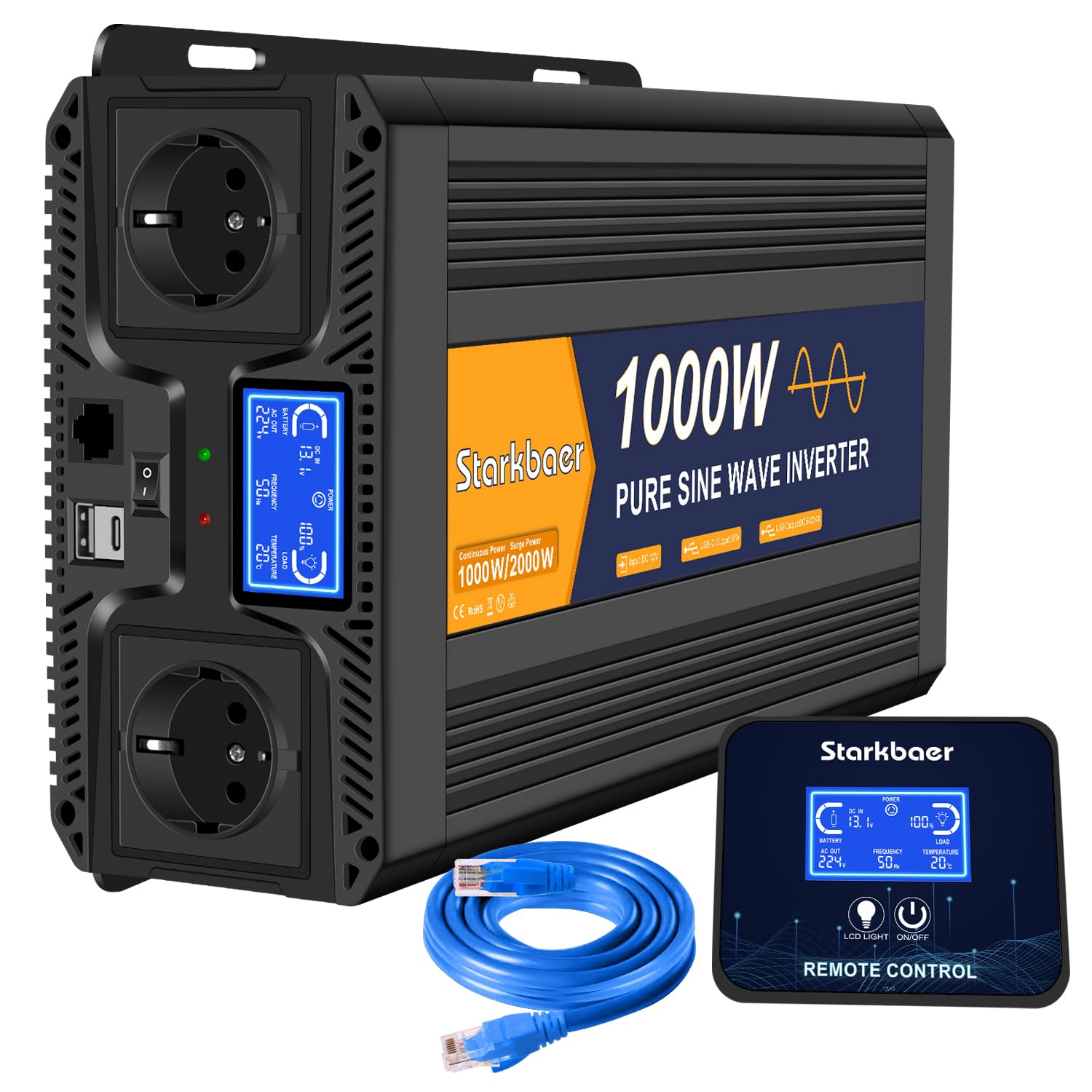 Starkbaer 1000W/2000W Wechselrichter 12v auf 230v Reiner Sinus Spannungswandler Power Inverter KFZ Konverter mit LCD-Bildschirm, Fernbedienung,2 EU AC Steckdosen,1 Type-C und 1 USB Anschlüsse von Starkbaer