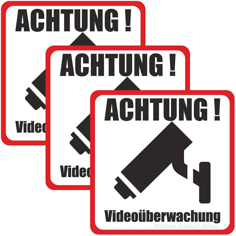 3er Set je 9cm Achtung Videoüberwachung Hinweis Schild Aufkleber Vinyl Sticker von Sticker_Design_Shop