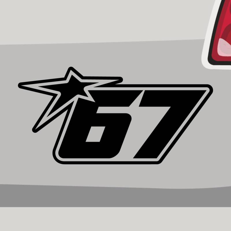 Stickerfreaks Startnummer 67 Aufkleber Number Sticker Rennen Fun Auto Bike Decal Vinyl Race Aufkleber Größe: 29x14,5cm (XL) | Farbe: 21-gelb | Racenumber Sticker Kleber Deko Tuning Zahl von Stickerfreaks