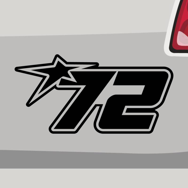 Stickerfreaks Startnummer 72 Aufkleber Racenumber Sticker Team Bike Auto Bike Decal Vinyl Star Aufkleber Größe: 29x14,5cm (XL) | Farbe: 70-schwarz | Racenumber Sticker Kleber Deko Tuning Zahl von Stickerfreaks