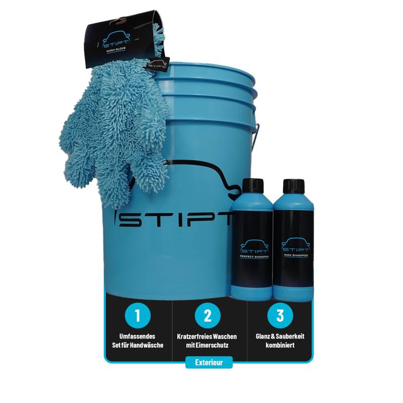 Stipt Basic Wash Package - Autowaschset mit Grit Bucket, Perfect Shampoo, Wax Shampoo und Wash Glove - Komplettset für die manuelle Autowäsche von Stipt