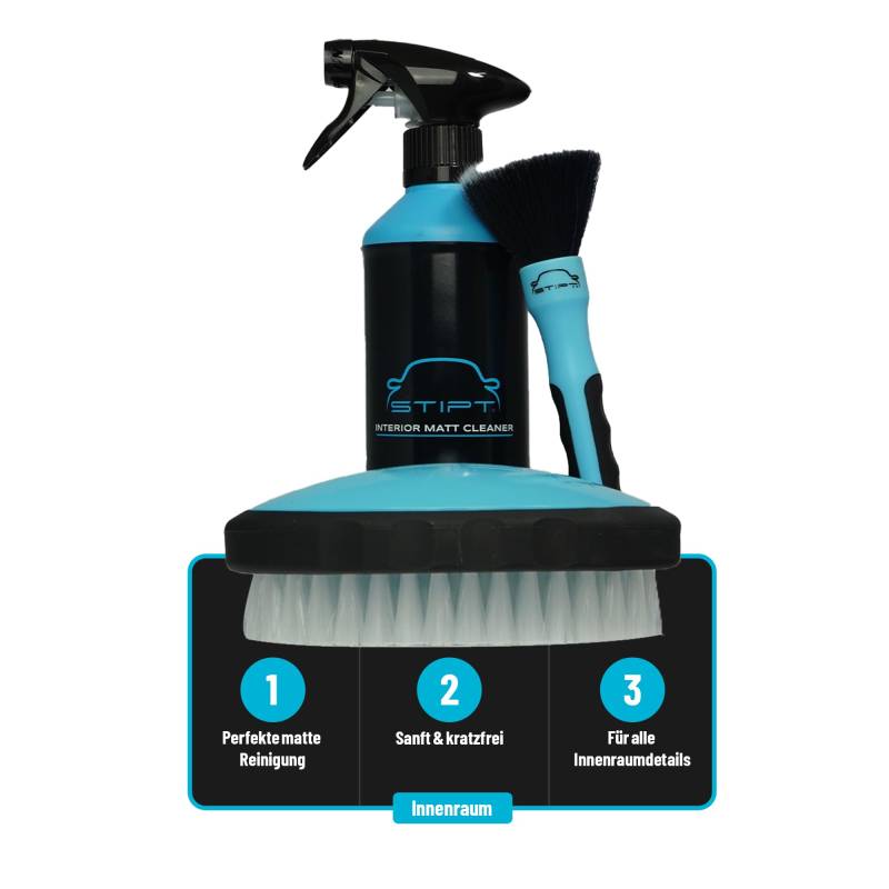 Stipt Matt Combi - Set mit Interior Matt Cleaner, Cleaning Brush und Interior Detail Brush - Für Leder, Stoff, Skai und Alcantara - Reinigt und mattiert Oberflächen von Stipt