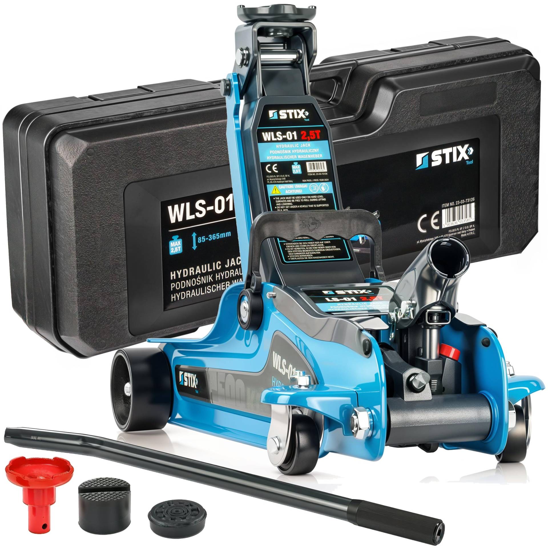 Hydraulischer Wagenheber Rangierwagenheber WLS-01 2,5T inkl. Koffer 2X Gummi SUV Adapter, LS-01 Auto Heber 360° Rollen, Flache Hubhöhe 85-365mm von Stix
