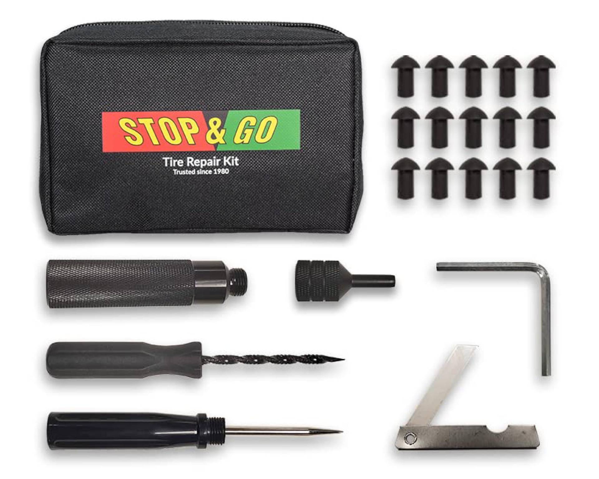 Stop & Go 1000 21-teiliges schlauchloses Reifenstecker-Reparatur-Set für Löcher und Wohnungen auf Auto, Motorrad, ATV, Jeep, LKW und Traktor (15 Pilzstopfen) von Stop & Go