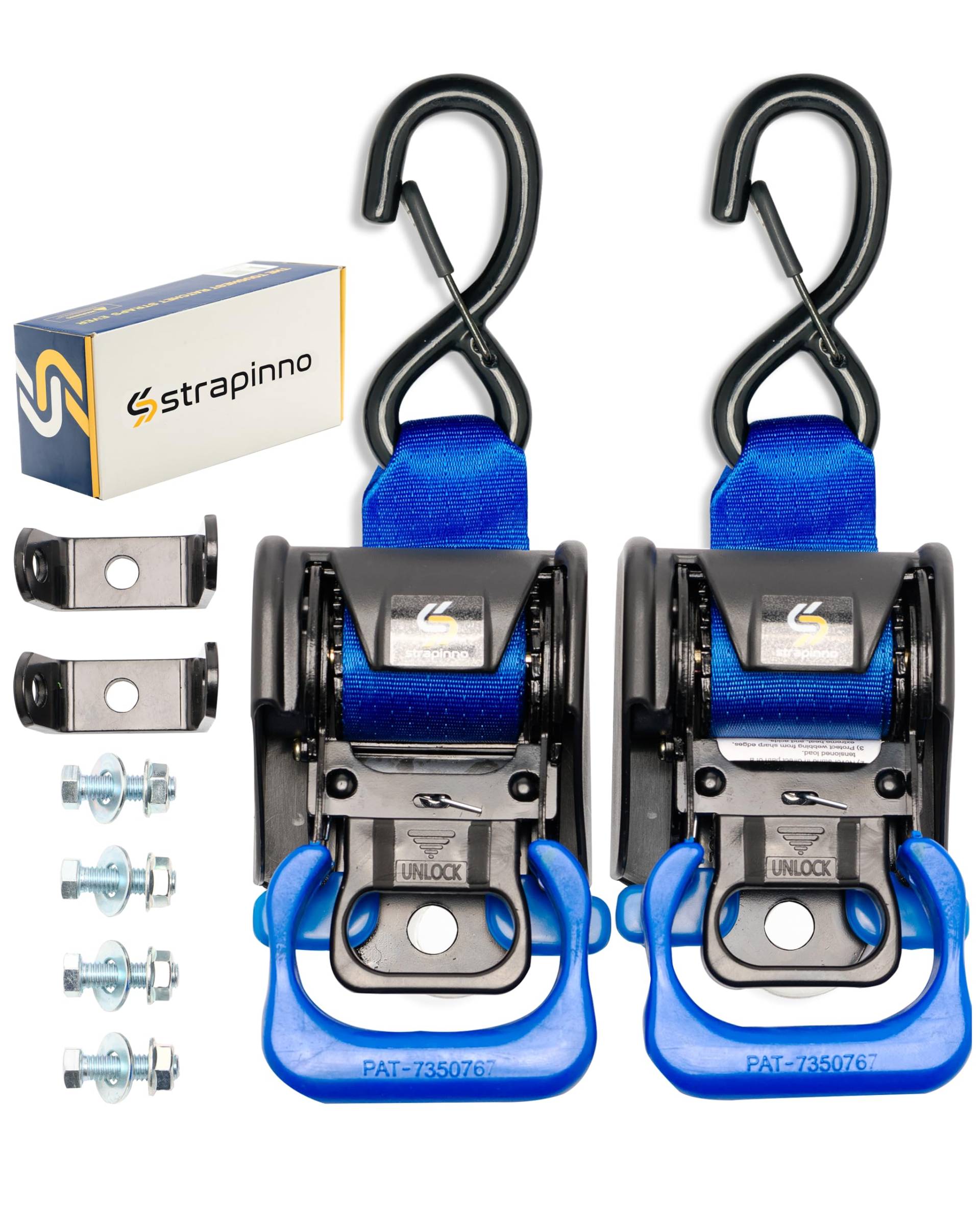 Strapinno 2 Stück (4,5 cm x 1,2 m) Heavy Duty Zurrgurte für Boot WC Anhänger - Extra Montagehalterungen und Bolzenset Sicherheits-S-Haken von Strapinno