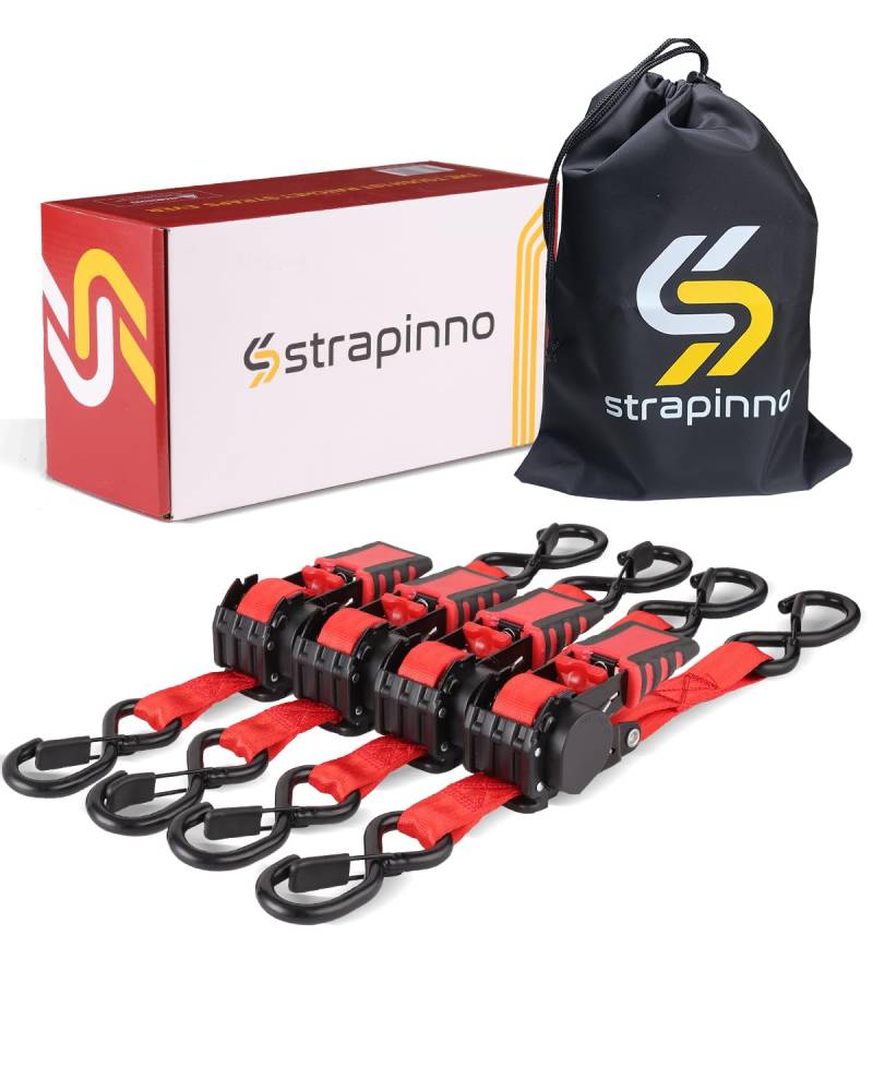 Strapinno Einziehbare Ratschengurte mit Ratschenspanngurt mit gummiertem Stahlgriff, S-Haken, Bruchfestigkeit je 680 kg (roter Gurt, schwarz beschichtete Schnalle), 4 Stück von Strapinno