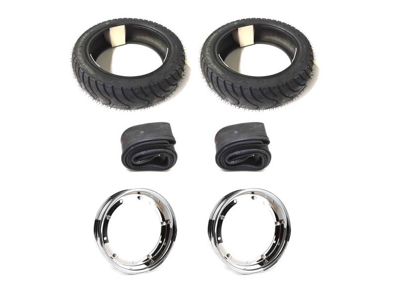 Streetparts24 2X Reifen 100/90-10 Felgen Chrom Satz passend für Vespa Piaggio APE 50 TM, Cosa 200 – Sommerreifen Komplettsatz inkl. Reifen, Felgen & Schlauch von Streetparts24
