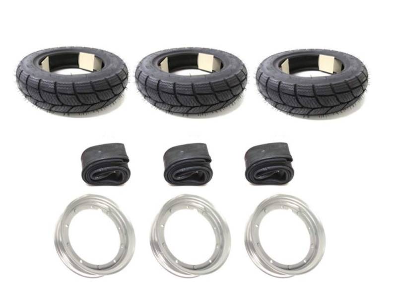 3x Allwetter Winterreifen M+S 100/90-10 Reifen + Felgen & Schlauch Set passend für Piaggio Ape 50 TM TL1T- TL6T ZAPC80 – Komplettsatz passend für Ganzjahreseinsatz von Streetparts24