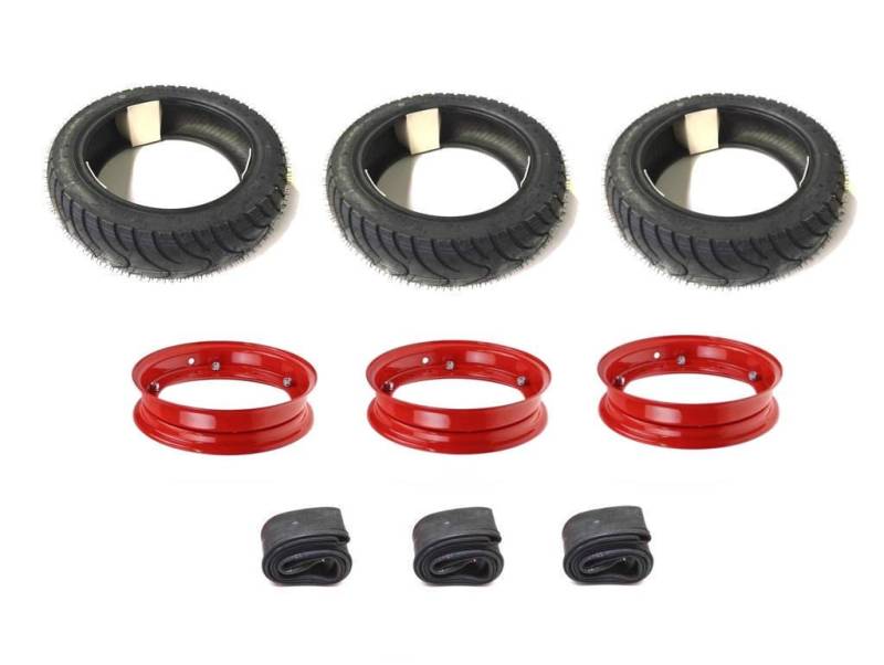 Streetparts24 3x Sommerreifen 100/90-10 Kompletträder Rot Satz für Vespa Piaggio Ape 50 TM - Zweiteilige Felgenkonstruktion, Schläuche & Reifen Set von Streetparts24