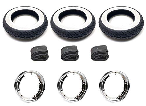 3x Weißwandreifen 3.50-10 Chrom Felgen Satz passend für Piaggio Ape 50 TM, Komplettradsatz mit Reifen, Felgen & Schläuchen 3x Weißwandreifen 3.50-10 Chrom Felgen Satz passend für Piaggio Ape 50 TM, Komplettradsatz mit Reifen, Felgen & Schläuchen von Streetparts24