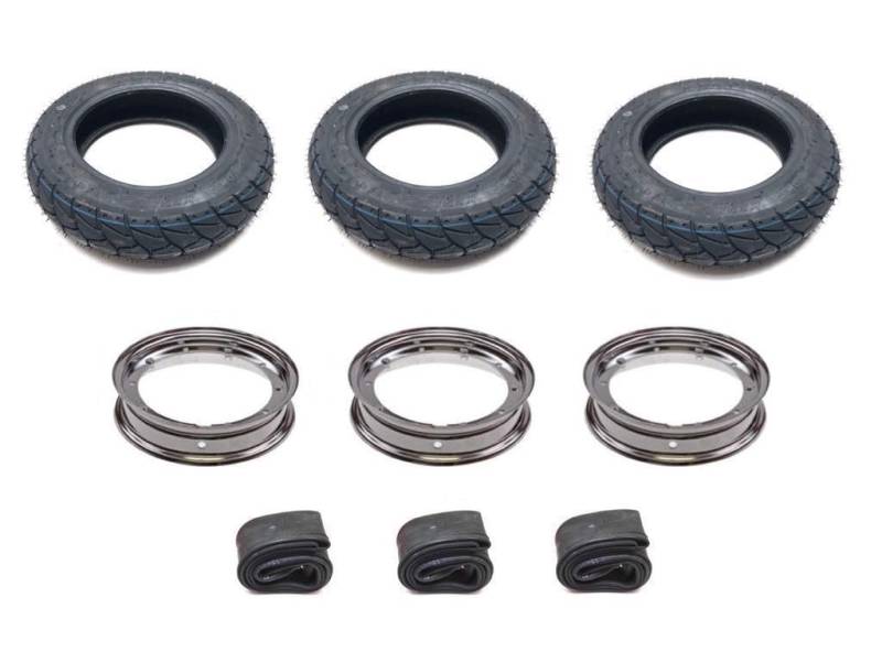 Allwetter Reifen Komplettradsatz 100/90-10 M+S inkl. Chromfelge & Schlauch passend für Piaggio Ape 50 TL1T TL2T TL3T TL4T TL5T TL6T ZAPC80 ZAPC81 – 3-teiliges Rad-Set von Streetparts24