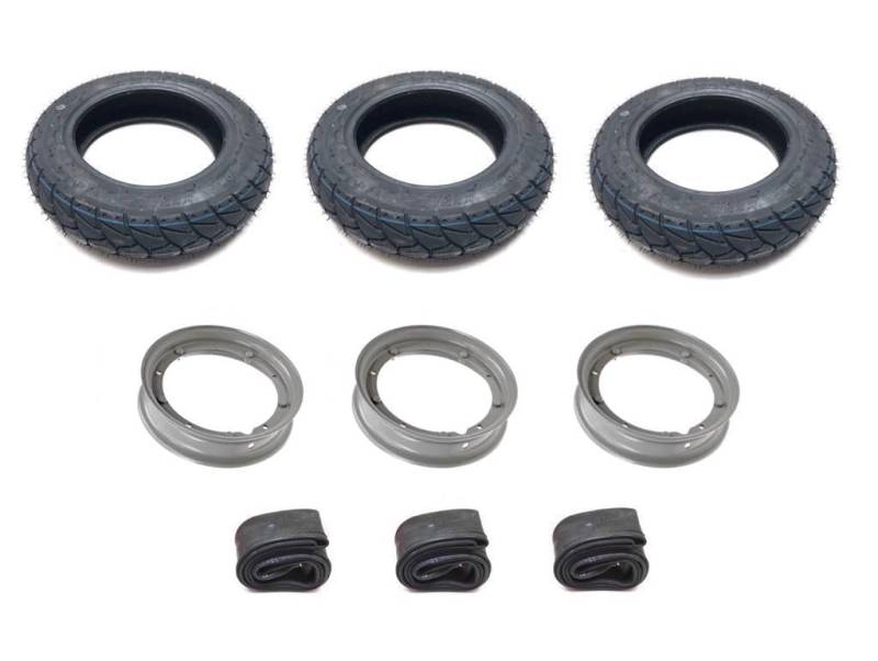 Allwetter Reifen 100/90-10 M+S Radsatz Felgen Grau Schläuche Komplettradsatz passend für Piaggio Ape 50 TL1T TL2T TL3T TL4T TL5T TL6T ZAPC80 ZAPC81 von Streetparts24