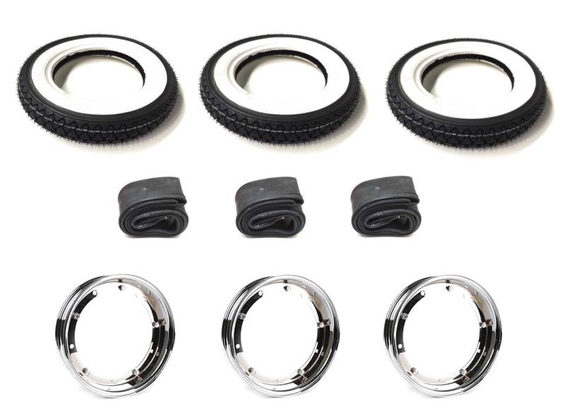 Streetparts24 3X Weißwandreifen 3.50-10 Chrom Felgen Satz passend für Piaggio Ape 50 TM, Komplettradsatz, Weißwandreifen, Felgen & Schläuche, Einfache Montage von Streetparts24