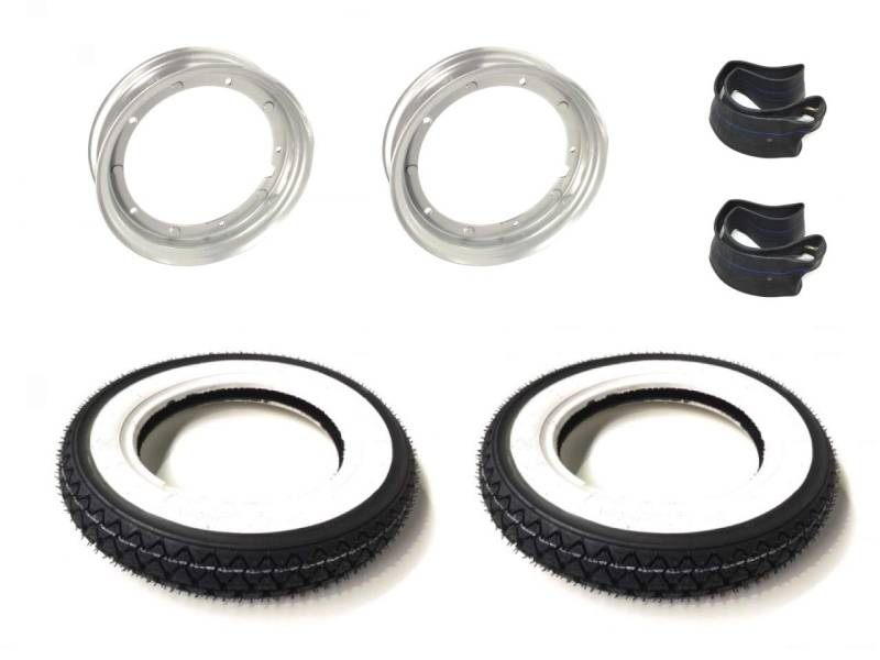 Weißwand Reifen-Felgen Satz 3.00-10 – passend für Vespa PK 50, 80, 125 N XL – K333 Reifen + Felgen + Schläuche mit 90° Ventil von Streetparts24