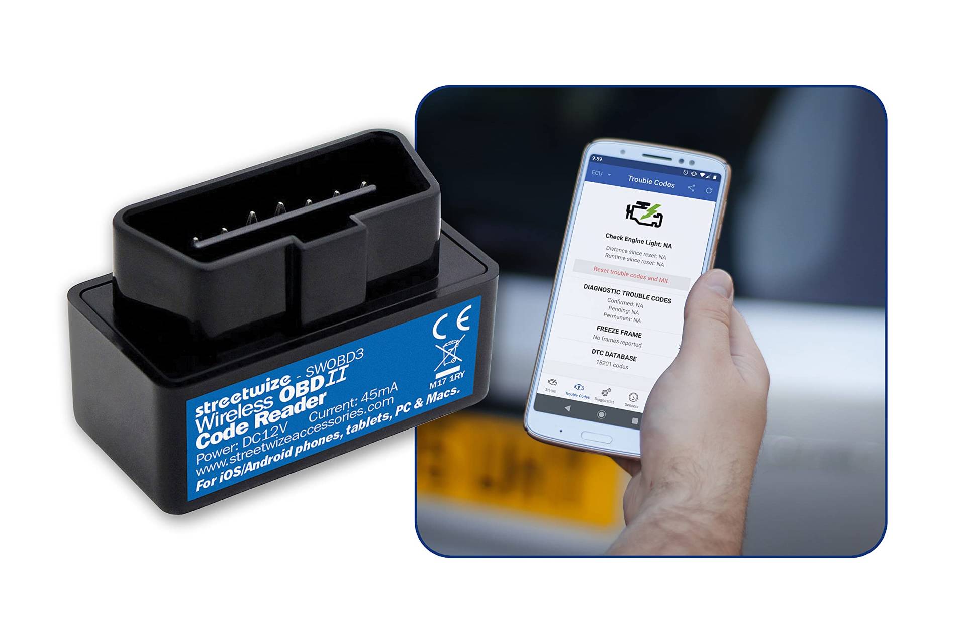 Streetwize Drahtloses WiFi OBD II Fahrzeugdiagnosegerät für Android & IOS, Schwarz von Streetwize Accessories