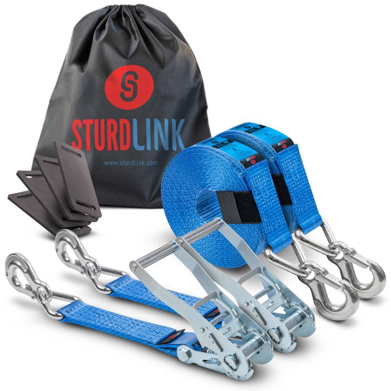 Sturdlink Zurrgurt mit Ratsche und Verschlosshaken 50mm 4m, LC 2500 kg/5000 kg, STF 350 daN | 2er Set + 4er-Schutzschlaufe | Für Transport, Anhänger, LKW, Profiqualität von Sturdlink