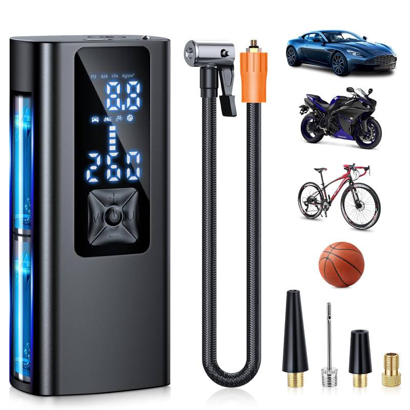 Suafsu Elektrische Luftpumpe Fahrrad Akku Kompressor - 150 PSI Mini Tragbare Fahrradpumpe Luftkompressor Für Auto,Motorrad,Fahrrad,Bälle,über USB-C wiederaufladbar, Als Taschenlampe und Powerbank von Suafsu