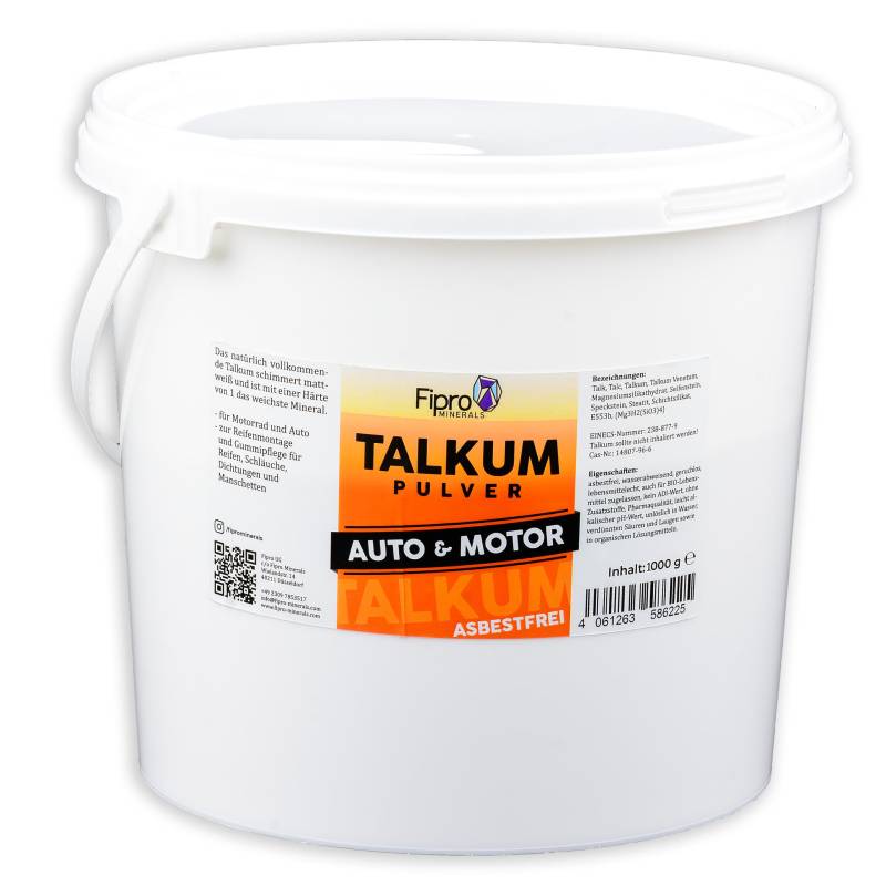 Sucelos Fipro Minerals TALKUM-Puder 1kg | Talkumpulver Gummipflege für Fahrrad | Motorrad - Moped | Kfz - Auto | Asbestfrei | 100% Talk | für Reifenmontage | Reifenwechsel | Manschetten | Dichtung von Sucelos